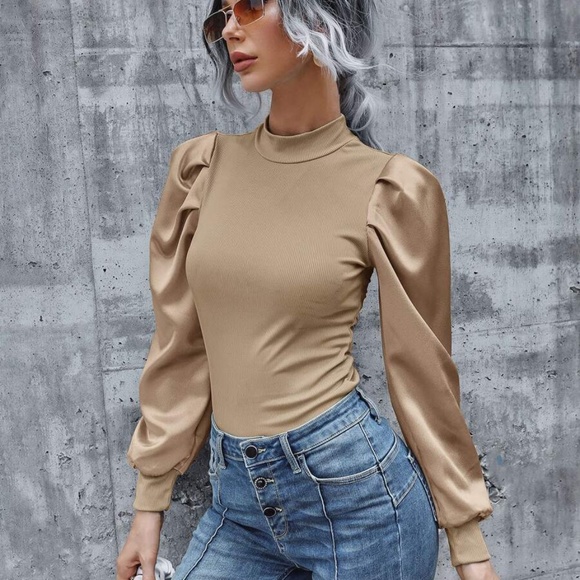 Boho Baby Blue Ribbed long sleeve puff top Satin Minimalist - Picture 10 of 13